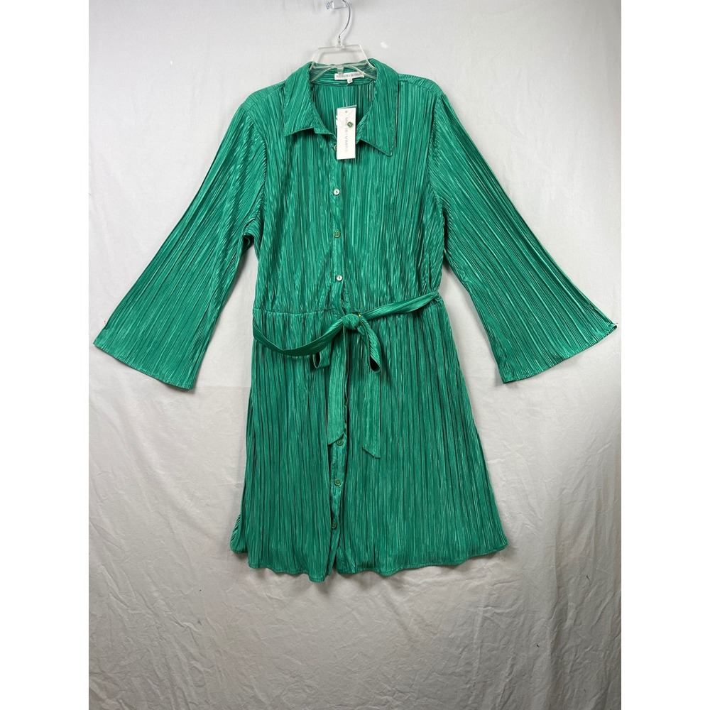 Madison + Hudson Shirt Dress Womens 1X Green Pleated Bell Sleeve Belted GK55008